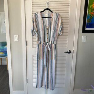 Caslon Wide Leg Linen Blend Jumpsuit, Ivory Mutlicolor Stripe, Size M